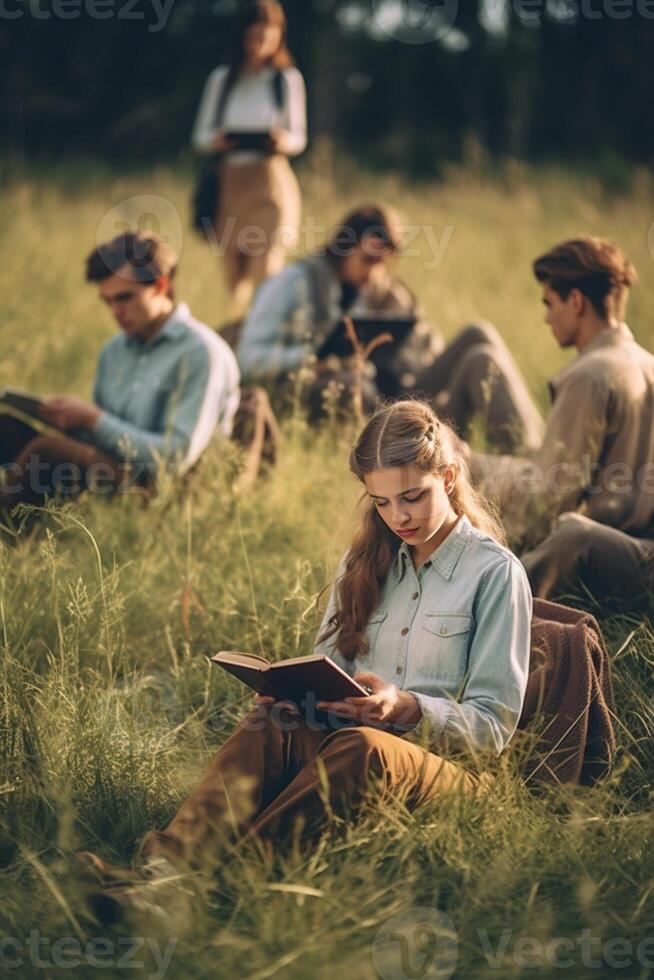 ai generatief groep van multi-etnisch college studenten aan het studeren zittend Aan de gras gelukkig tieners hebben pret samen Bij Universiteit campus academisch en beurs concept foto