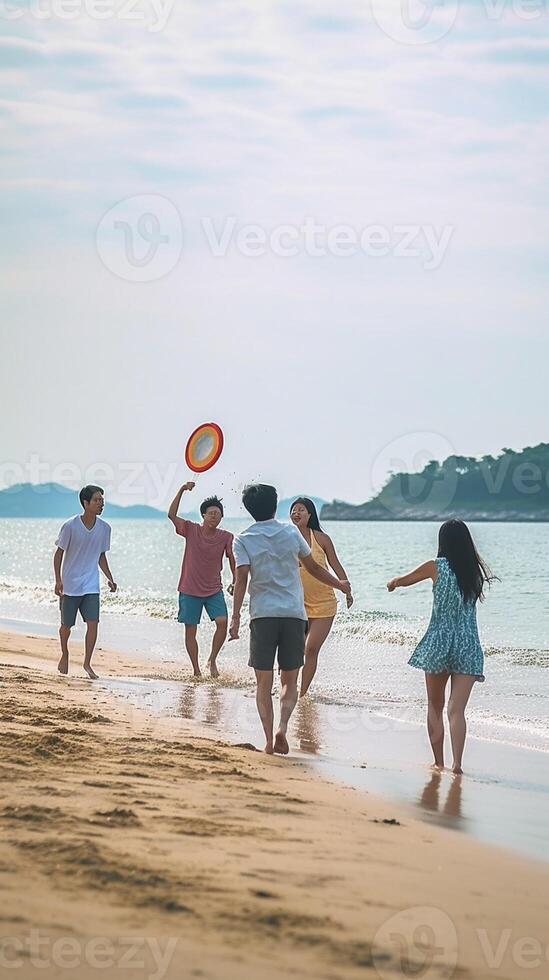 ai generatief groep van multiraciaal mensen is spelen samen Bij de strand mensen natuur en levensstijl concept foto