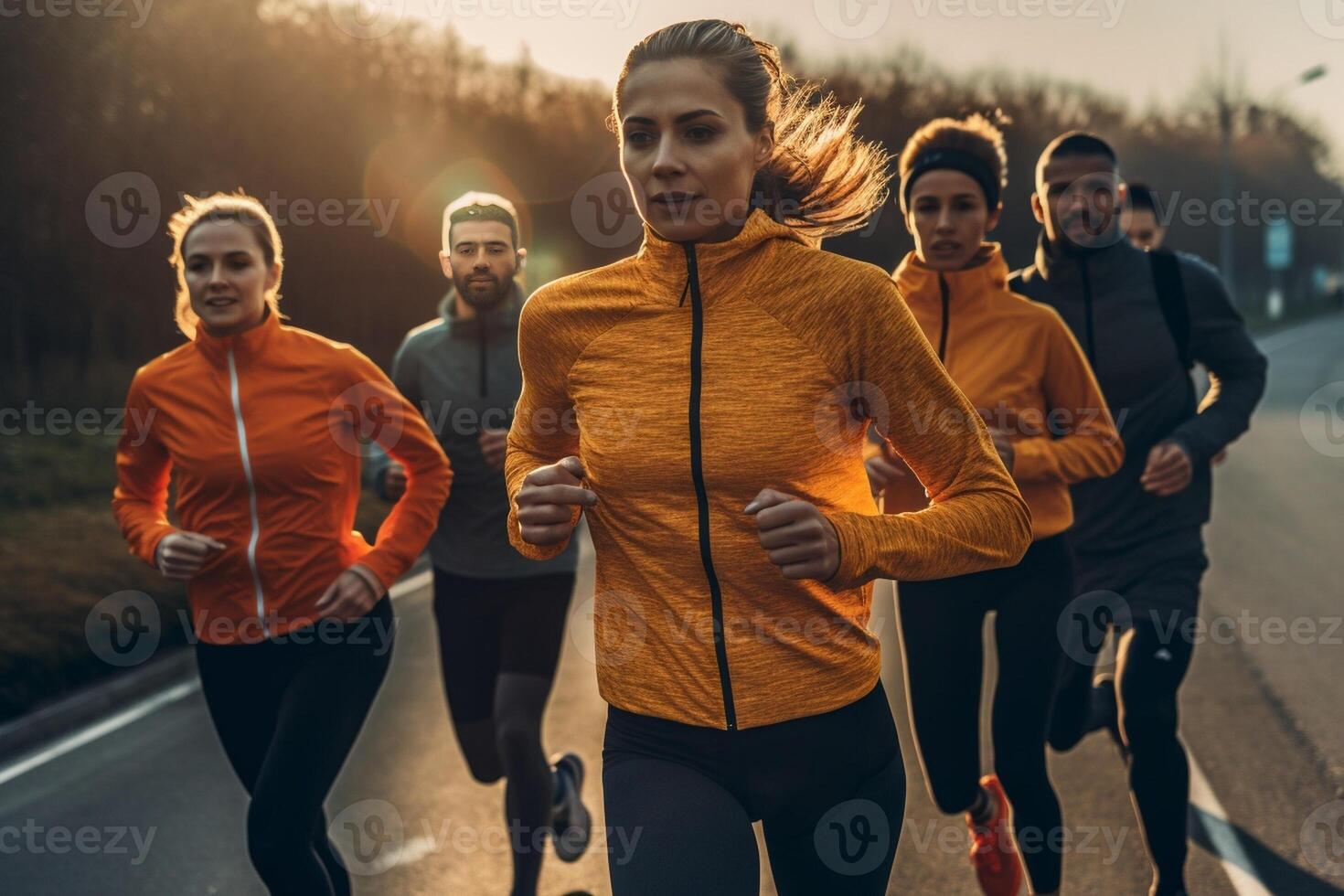 ai generatief groep van sportief mensen rennen buitenshuis drie vrienden opleiding rennen samen concept over sport en levensstijl foto