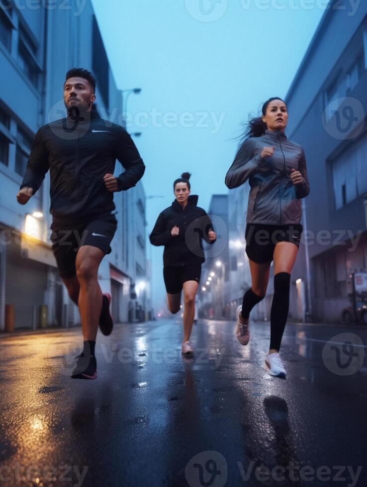 ai generatief groep van sportief mensen rennen buitenshuis drie vrienden opleiding rennen samen concept over sport en levensstijl foto