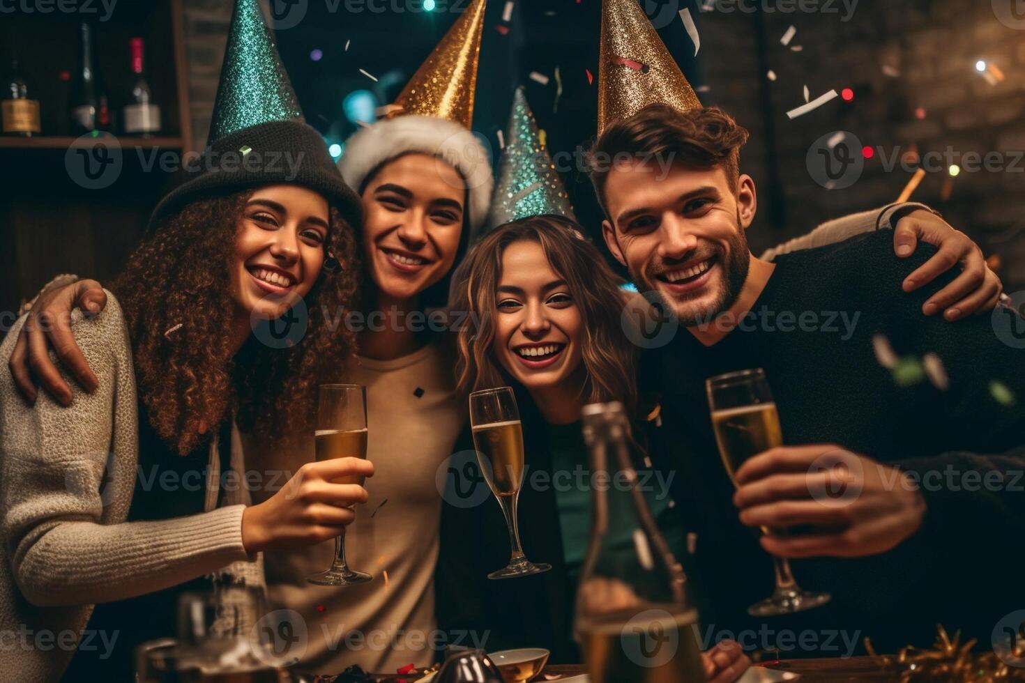 ai generatief groep van jong mensen genieten van tijd drinken Champagne Bij restaurant met gezicht masker nieuw normaal concept van gelukkig vrienden hebben pret foto
