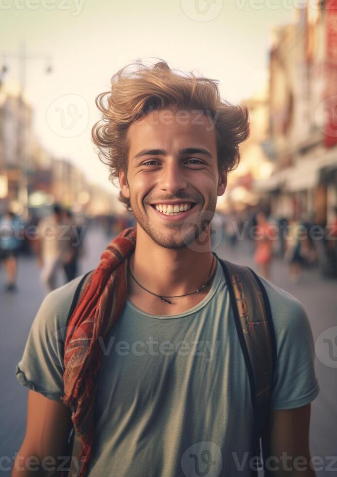 ai generatief knap toerist nemen een selfie Bij vakantie jong Mens glimlachen Bij de camera in een stedelijk tafereel Kaukasisch mensen concept over mensen levensstijl en technologie foto