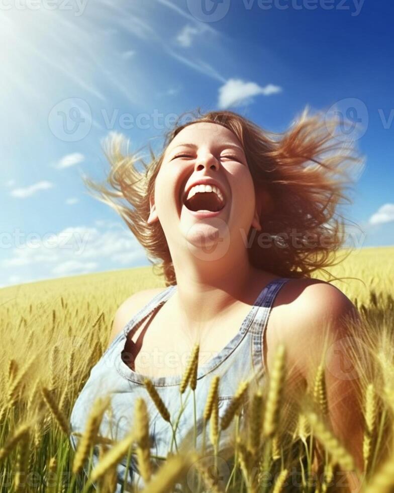 ai generatief gelukkig mooi vrouw glimlachen in een tarwe veld- verrukkelijk vrouw genieten van zomertijd zonnig dag buiten welzijn concept met zelfverzekerd meisje lachend in de natuur foto