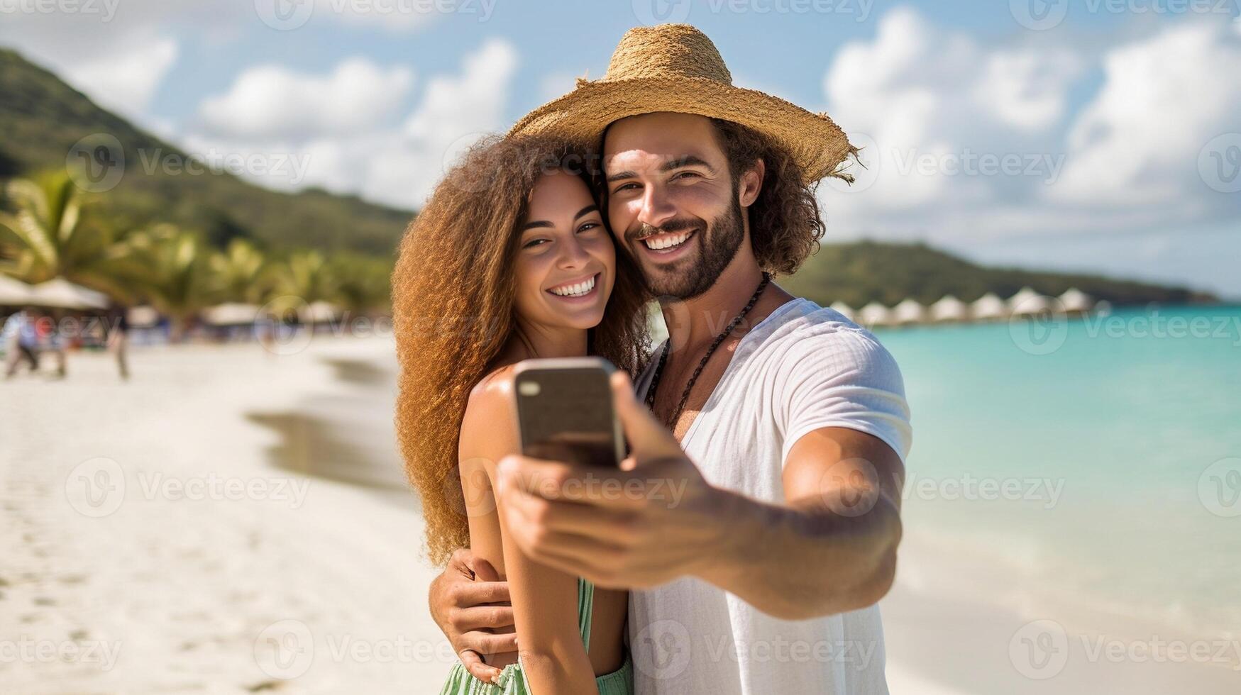 ai generatief gelukkig paar nemen selfie Bij de strand vrolijk toeristen hebben pret genieten van vakantie Bij de zee zomer vakanties concept foto