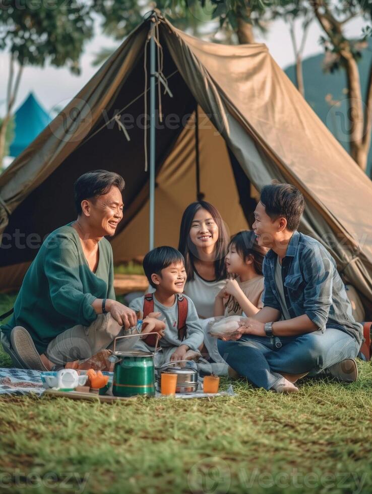 ai generatief gelukkig familie camping in de Woud spelen gitaar en het zingen samen moeder vader en zoon hebben pret trekking in de natuur zittend in voorkant van de tent familie natuur en trektocht foto