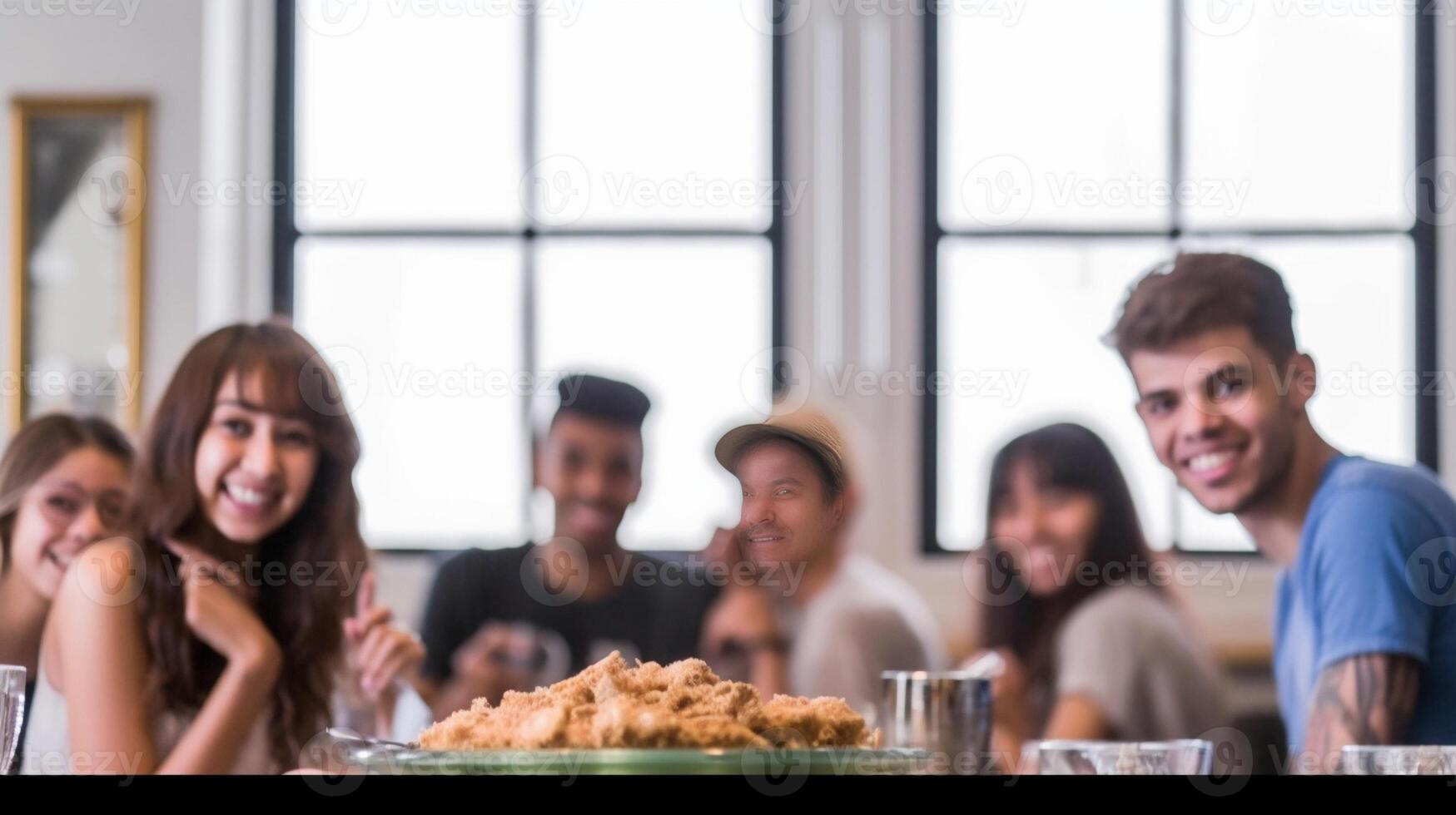 ai generatief gelukkig vrienden hebben ontbijt samen Bij cafe bar groep van jong mensen drinken koffie en vers sap zittend Bij brunch restaurant voedsel en drinken concept foto