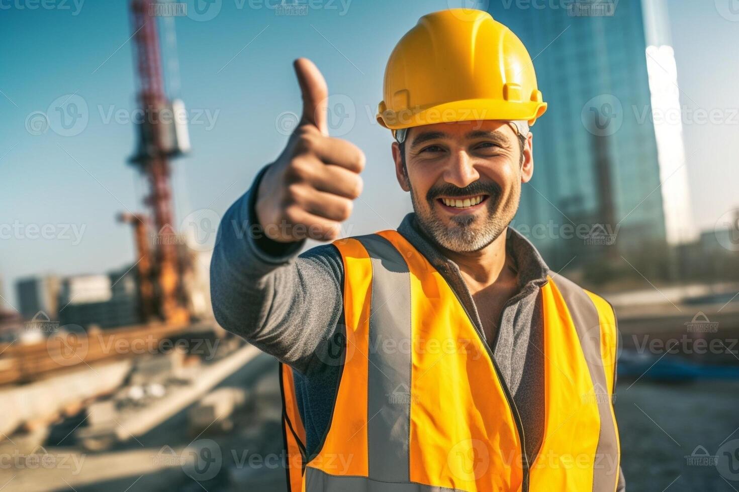 ai generatief gelukkig Mens architect Bij een gebouw plaats duurt een selfie op zoek Bij de camera foto