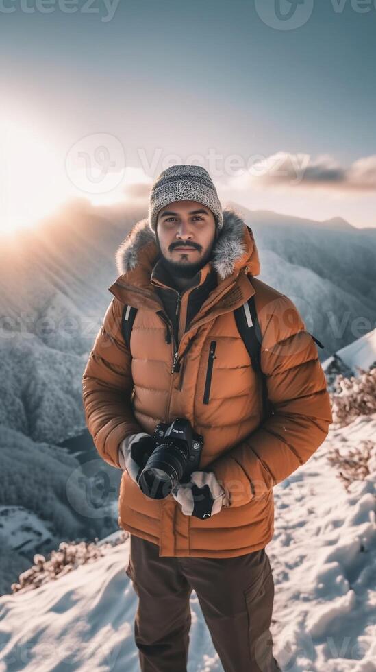 ai generatief gelukkig Mens met rugzak nemen selfie portret in winter ijzig Woud glimlachen wandelaar beklimming bergen sport reizen en technologie concept foto