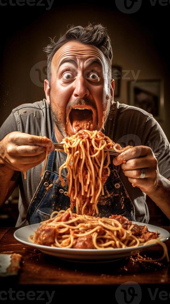 ai generatief Italiaans chef van een restaurant nemen een selfie Koken spaghetti voedsel foto