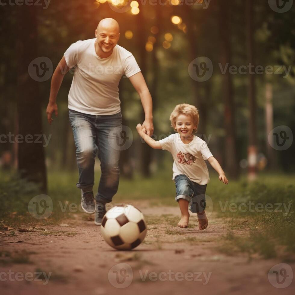 ai generatief kind schoppen Amerikaans voetbal bal terwijl spelen met zijn familie actief familie hebben pret buitenshuis genieten van vrije tijd tijd kinderjaren en gelukkig levensstijl concept foto