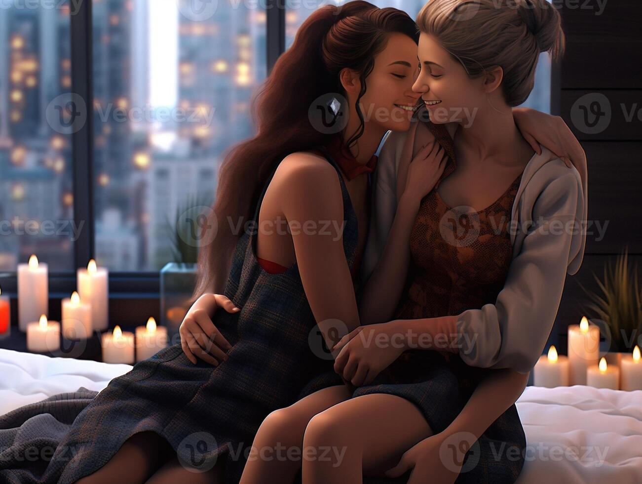 ai generatief lesbienne paar zoenen Aan de bed homo Dames samen binnen- foto