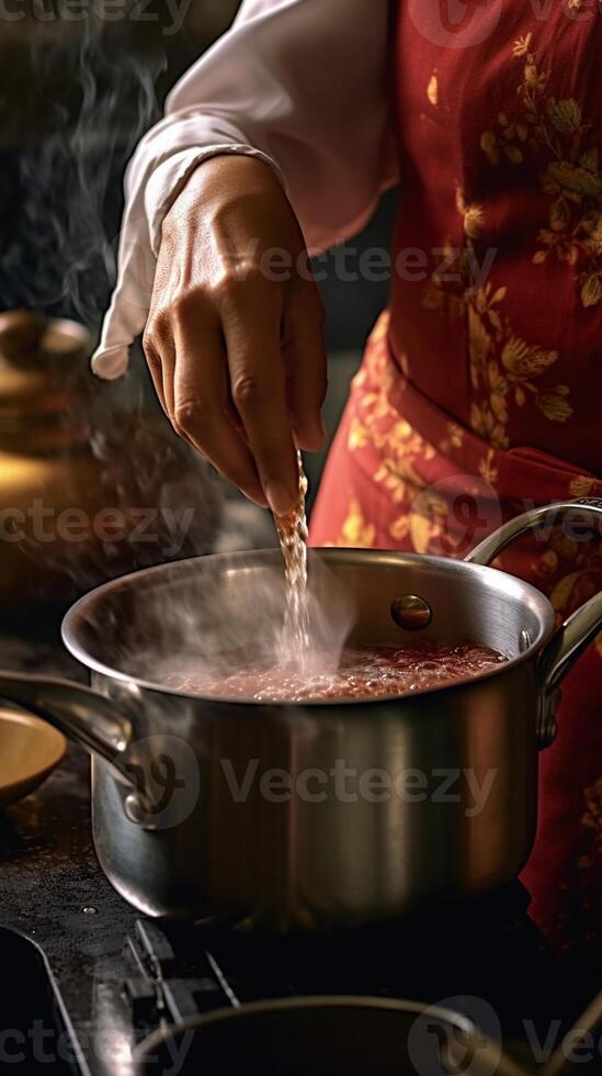 ai generatief Mens zouten koken water in pot Aan fornuis detailopname foto