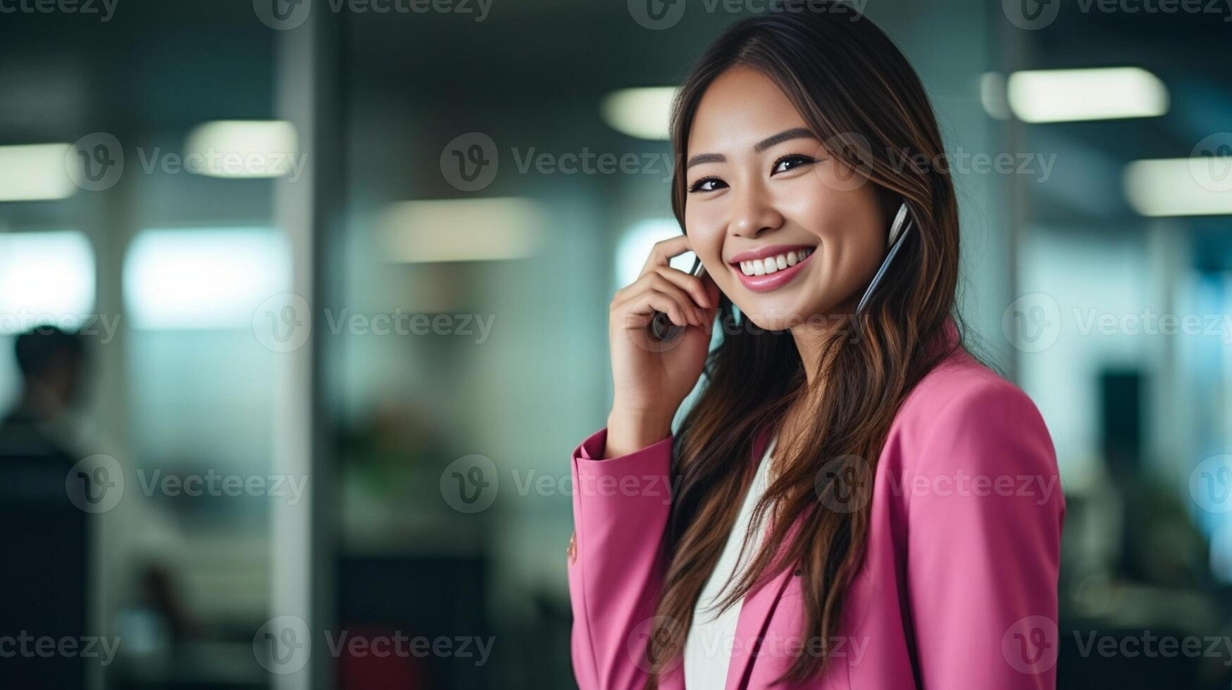 ai generatief mooi Aziatisch receptioniste pratend Aan telefoon Bij haar werkplaats foto