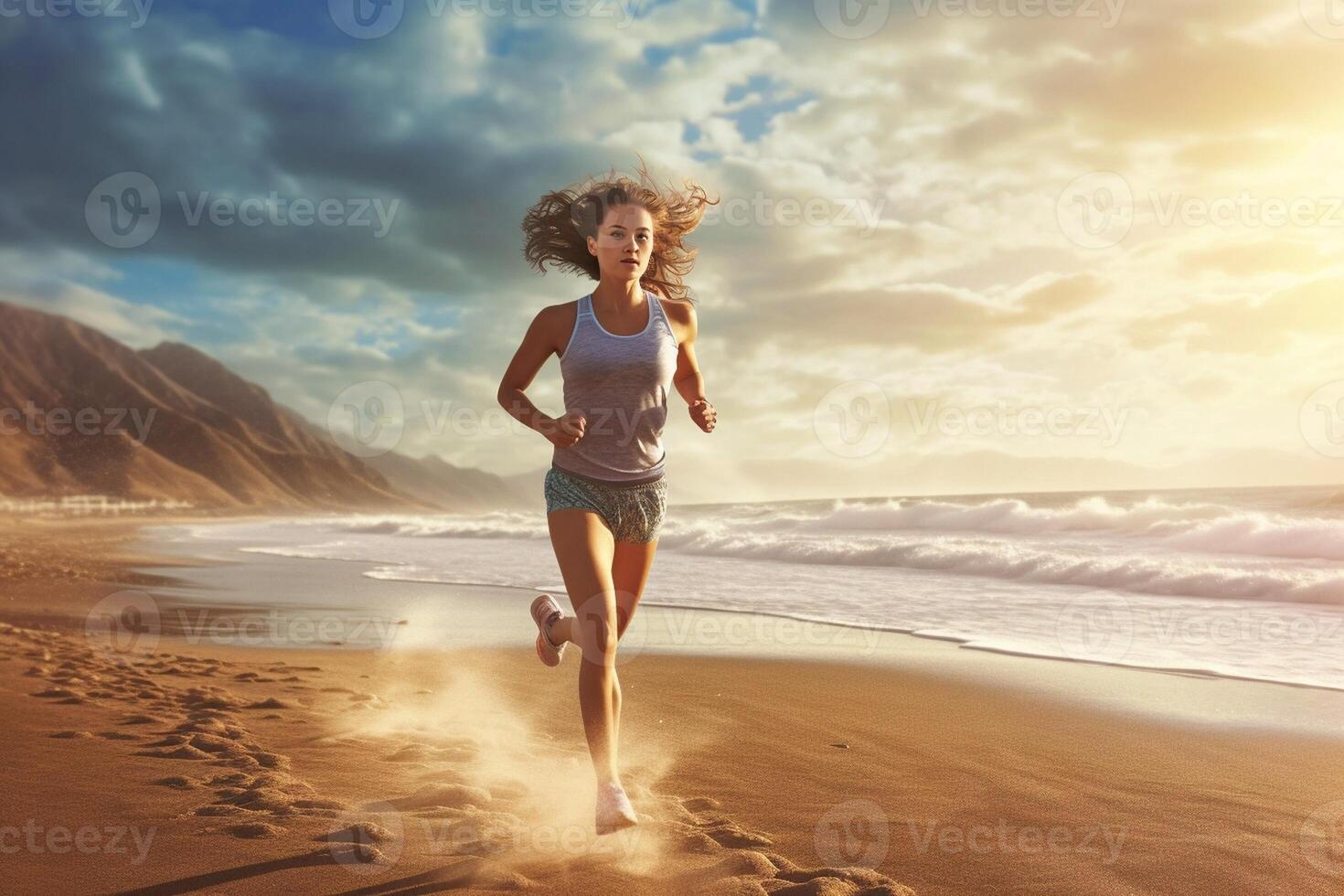 ai generatief rennen vrouw met zee in de achtergrond Kaukasisch mensen natuur sport mensen en levensstijl concept foto