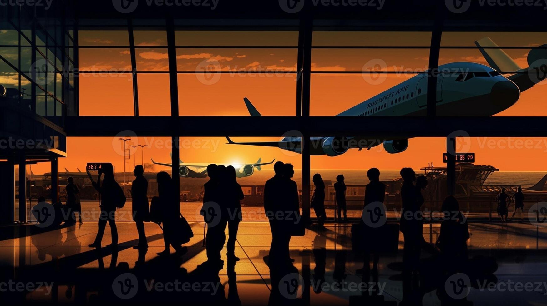 ai generatief silhouet van een luchthaven Bij zonsondergang foto