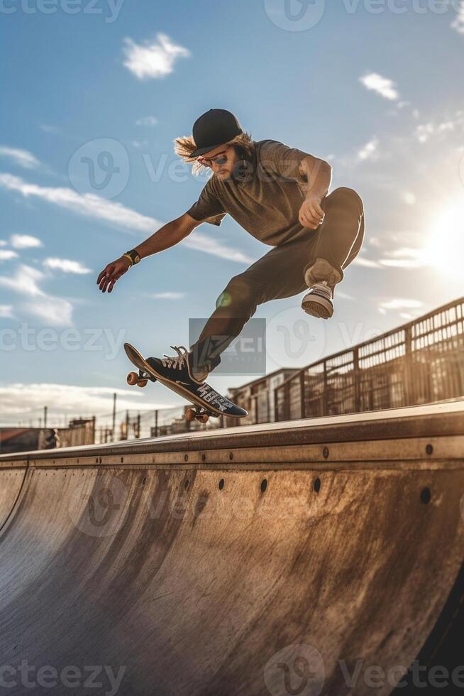 ai generatief schaatser aan het doen kickflip Aan de oprit Bij vleet park elegant skaterboy opleiding buiten extreem sport leven stijl concept foto