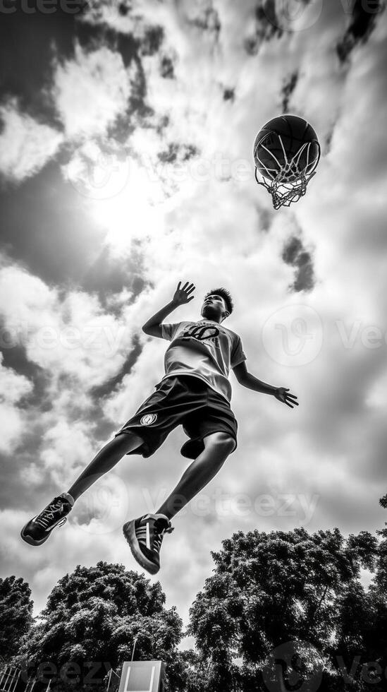 ai generatief straat basketbal speler maken een krachtig dichtslaan dunk Aan de rechtbank atletisch mannetje opleiding buitenshuis Aan een bewolkt lucht achtergrond sport en wedstrijd concept foto