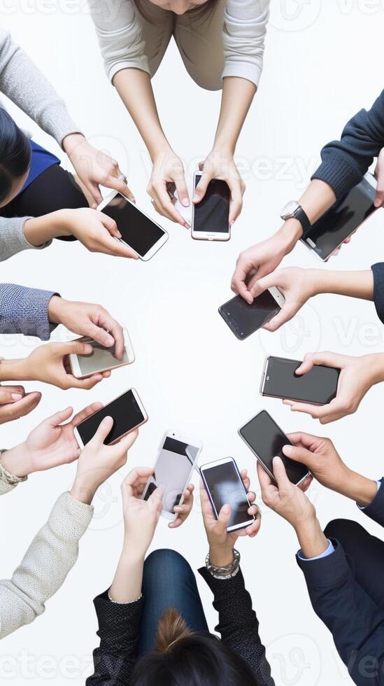 ai generatief tieners in cirkel Holding slim mobiel telefoons multicultureel jong mensen gebruik makend van telefoons buiten tieners verslaafd naar nieuw technologie concept foto