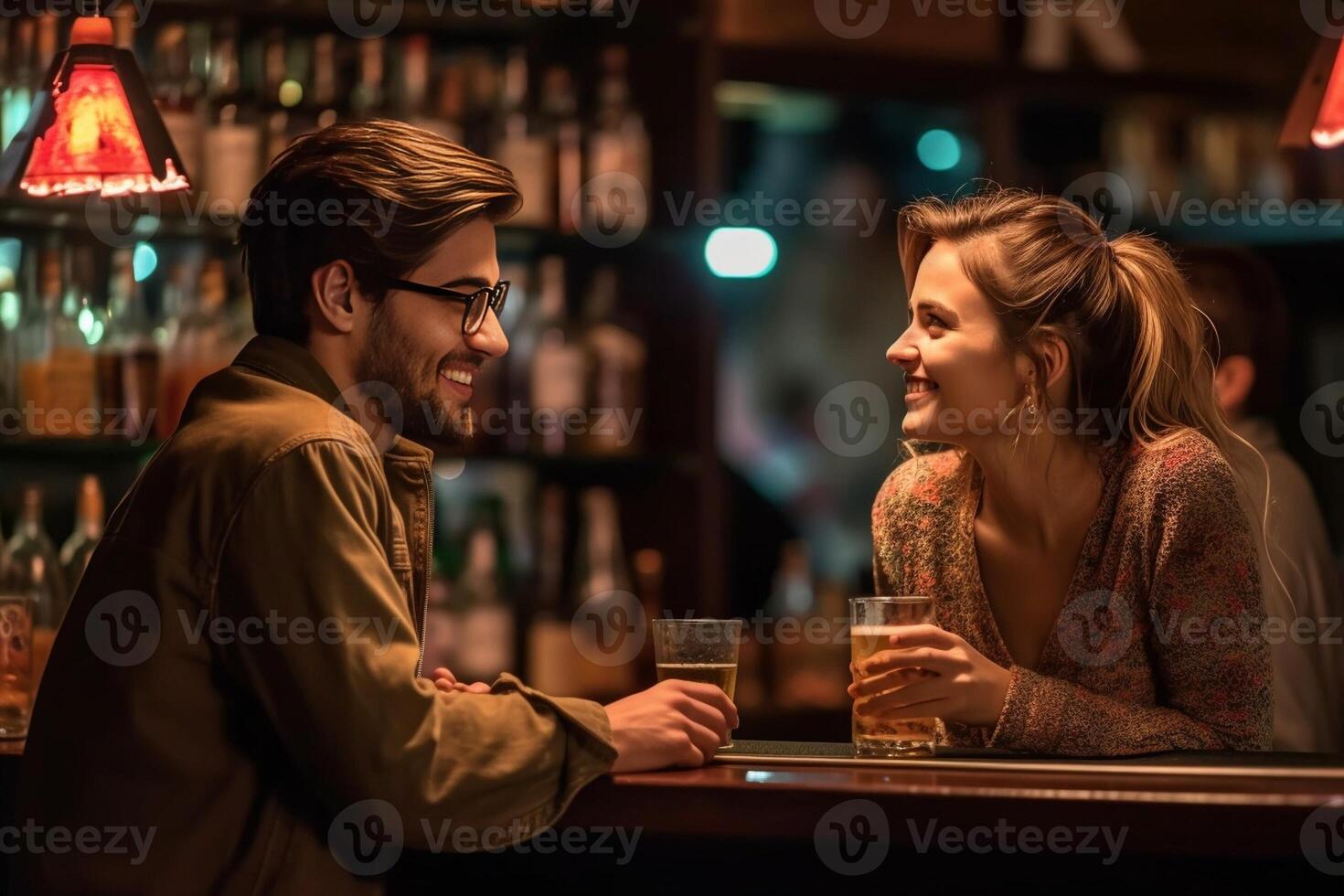 ai generatief vrouw hebben een gesprek in een datum Bij een cocktail bar foto