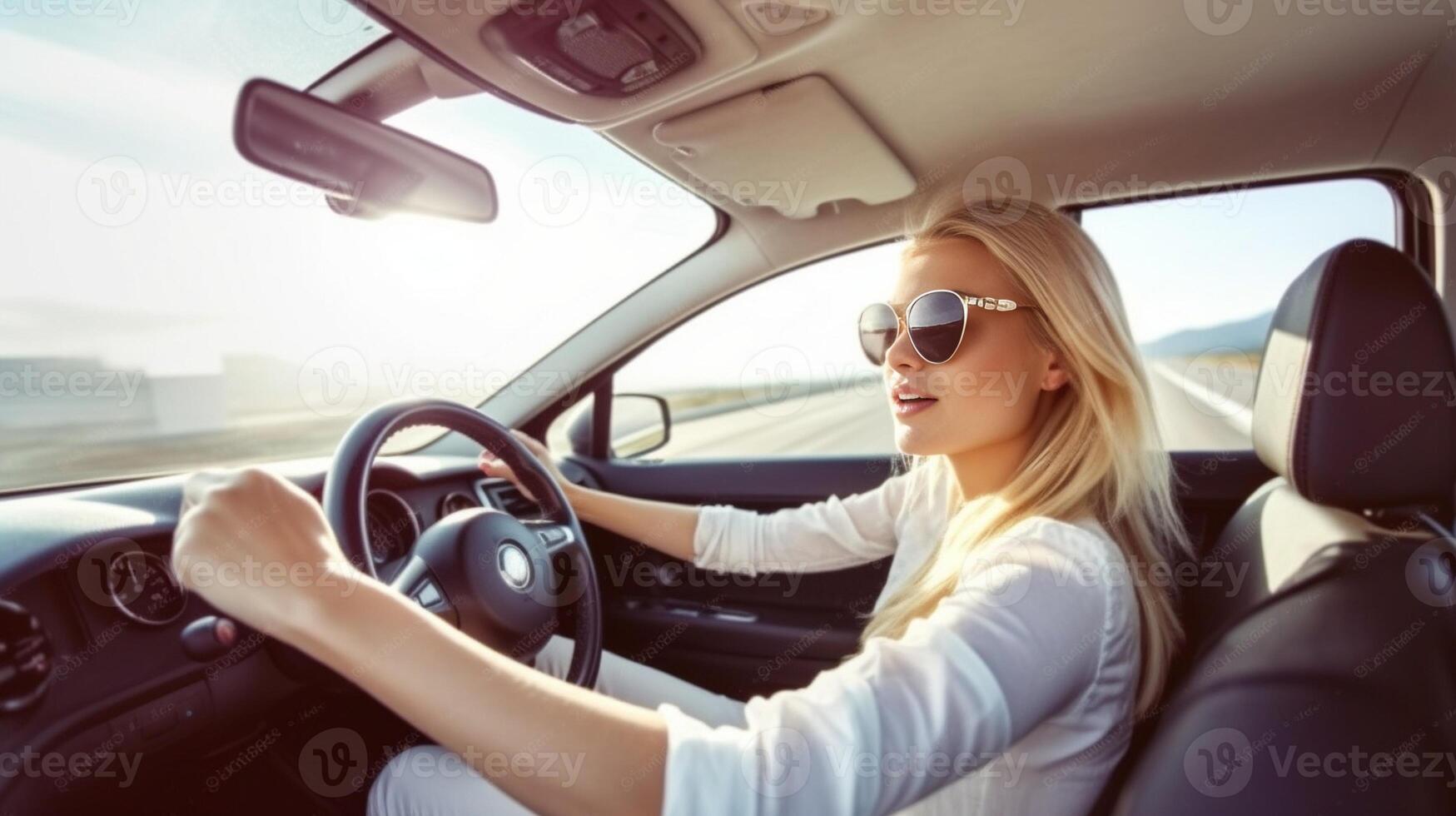 ai generatief vrouw ontspannende in haar auto terwijl het rijden in de platteland jong koel meisje met schoenen uit van de auto- venster naar genieten de visie in zomertijd foto