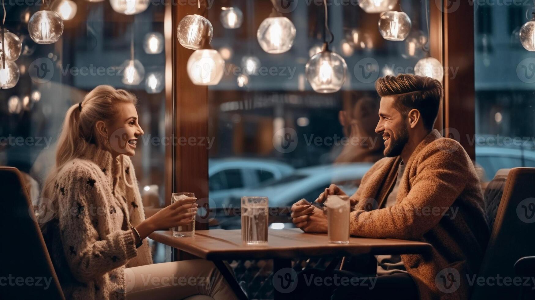 ai generatief jong paar pratend Bij koffie winkel Aan een datum liefhebbend paar hebben pret Bij een restaurant foto