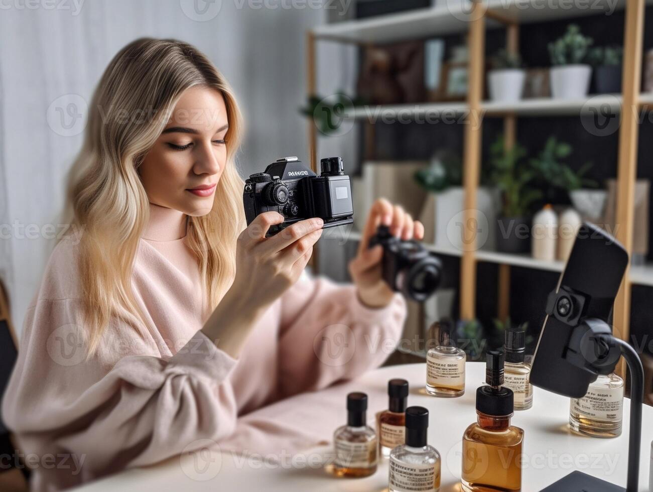 ai generatief jong vrouw blogger opname vlog video met mobiel telefoon leven streaming Bij huis vrouw met probleem huid toepassen behandeling room online influencer Aan sociaal media en huid auto foto