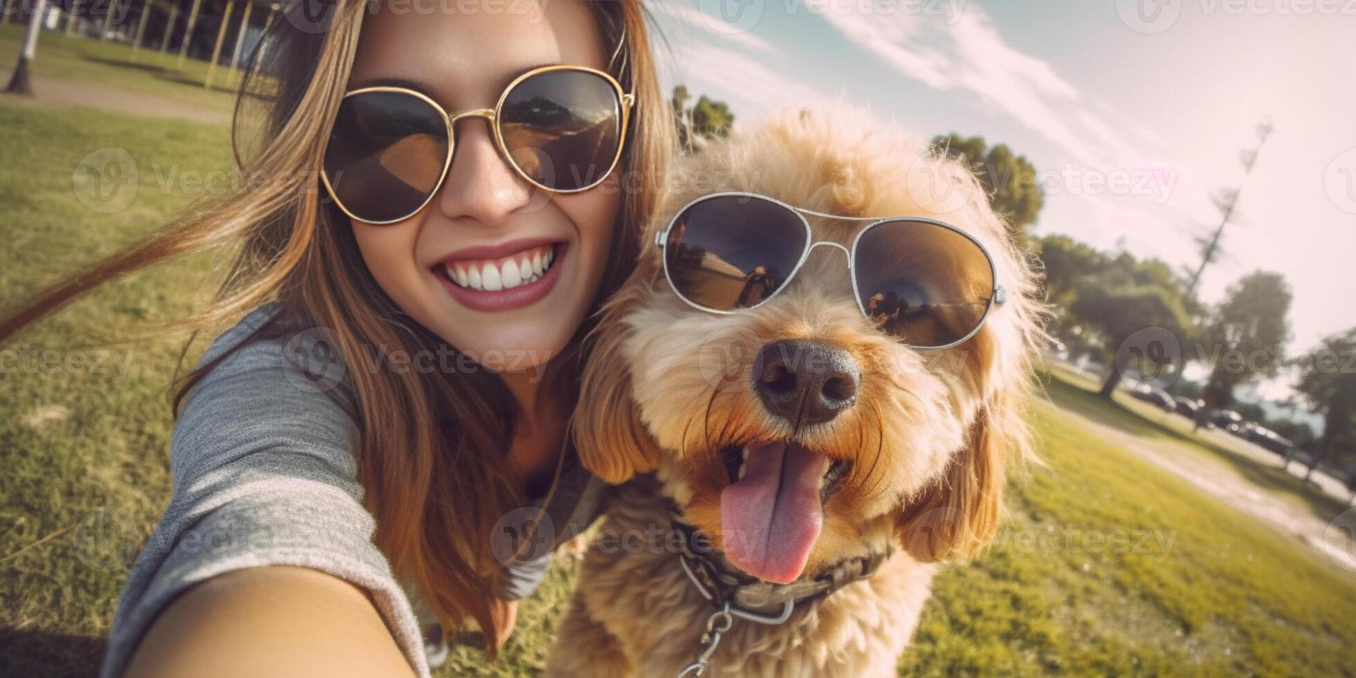 ai generatief jong meisje nemen een selfie met haar hond aan het liegen Aan de gras Bij de park foto