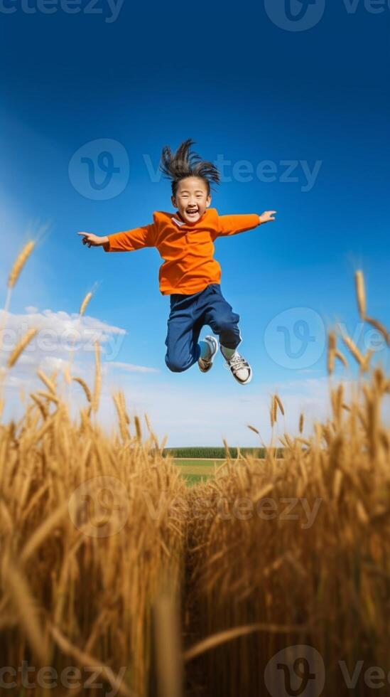 ai generatief jong gelukkig Mens jumping Aan een tarwe veld- succes en geluk concept foto