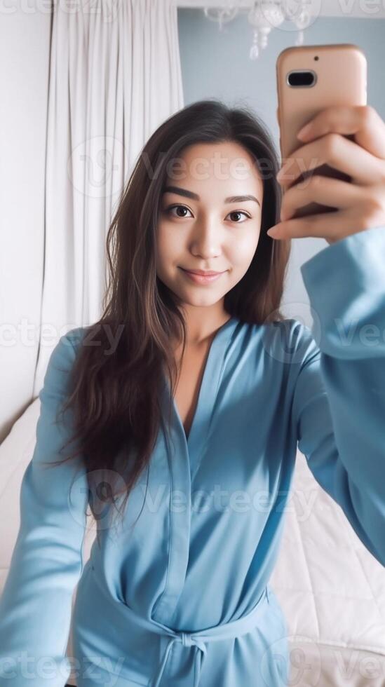 ai generatief jong glimlachen mooi dame nemen selfie afbeelding aan het liegen Aan bed mooi vrouw slapen in slaapkamer leven stijl en Gezondheid zorg concept foto