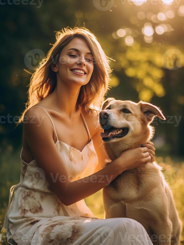 ai generatief jong vrouw spelen met haar hond in de park Bij zonsondergang eigenaar hebben pret met haar huisdier buiten dier en menselijk liefde foto