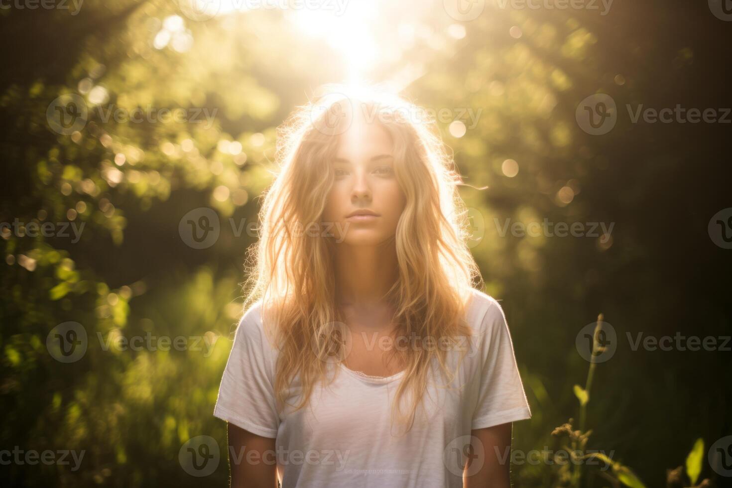 ai gegenereerd portret mooi prachtig jong vrouw vrouw dame mooi jurk het uitvoeren van praktijk meditatie ziel vrijheid geest natuur landschap. mentaal Gezondheid zen bloem veld- emoties harmonie yoga foto