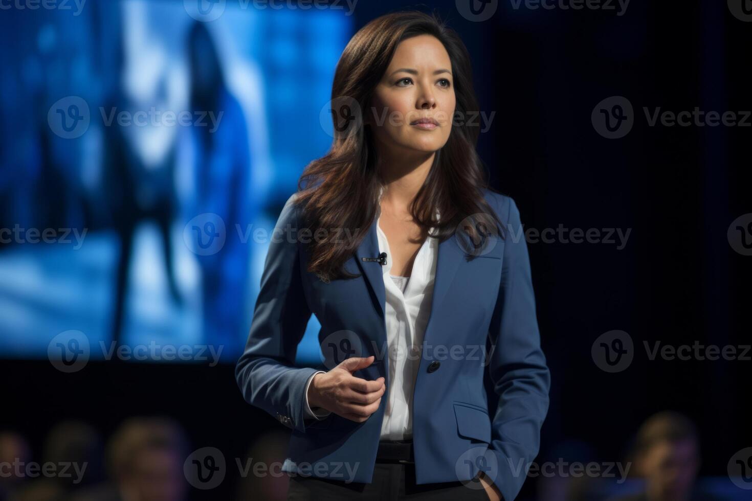 ai gegenereerd portret geconcentreerd jong mooi prachtig zakenvrouw spreker financieel trainer pratend toespraak stadium conferentie. vrouw leider openbaar sprekend opstarten analist Directeur afzet specialist foto