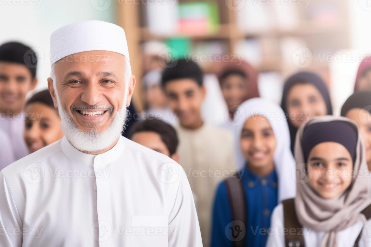 ai gegenereerd gelukkig vrolijk ouderen mannetje Mens Arabisch moslim leraar trainer professor glimlachen samen groep leerling kinderen schoolkinderen leerlingen onderwijs activiteiten. college klasse les studie emoties foto