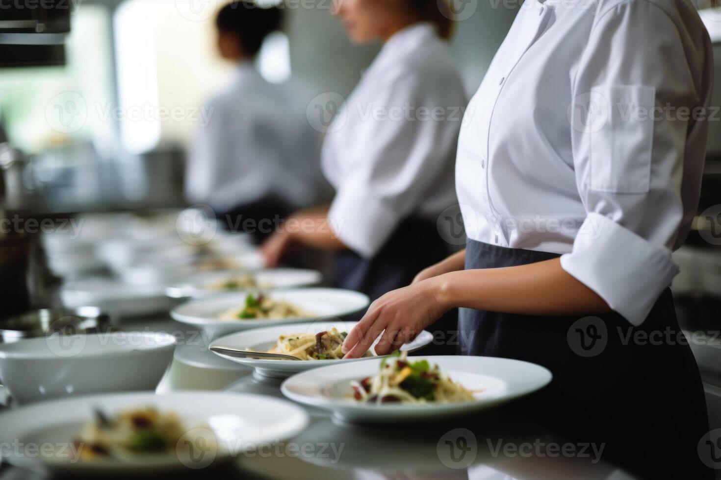 ai gegenereerd meester chef koken vrouw handen precies Koken dressing voorbereidingen treffen smakelijk vers heerlijk watertanden fijnproever schotel voedsel Aan bord klanten 5 sterren michelin restaurant keuken detailopname foto