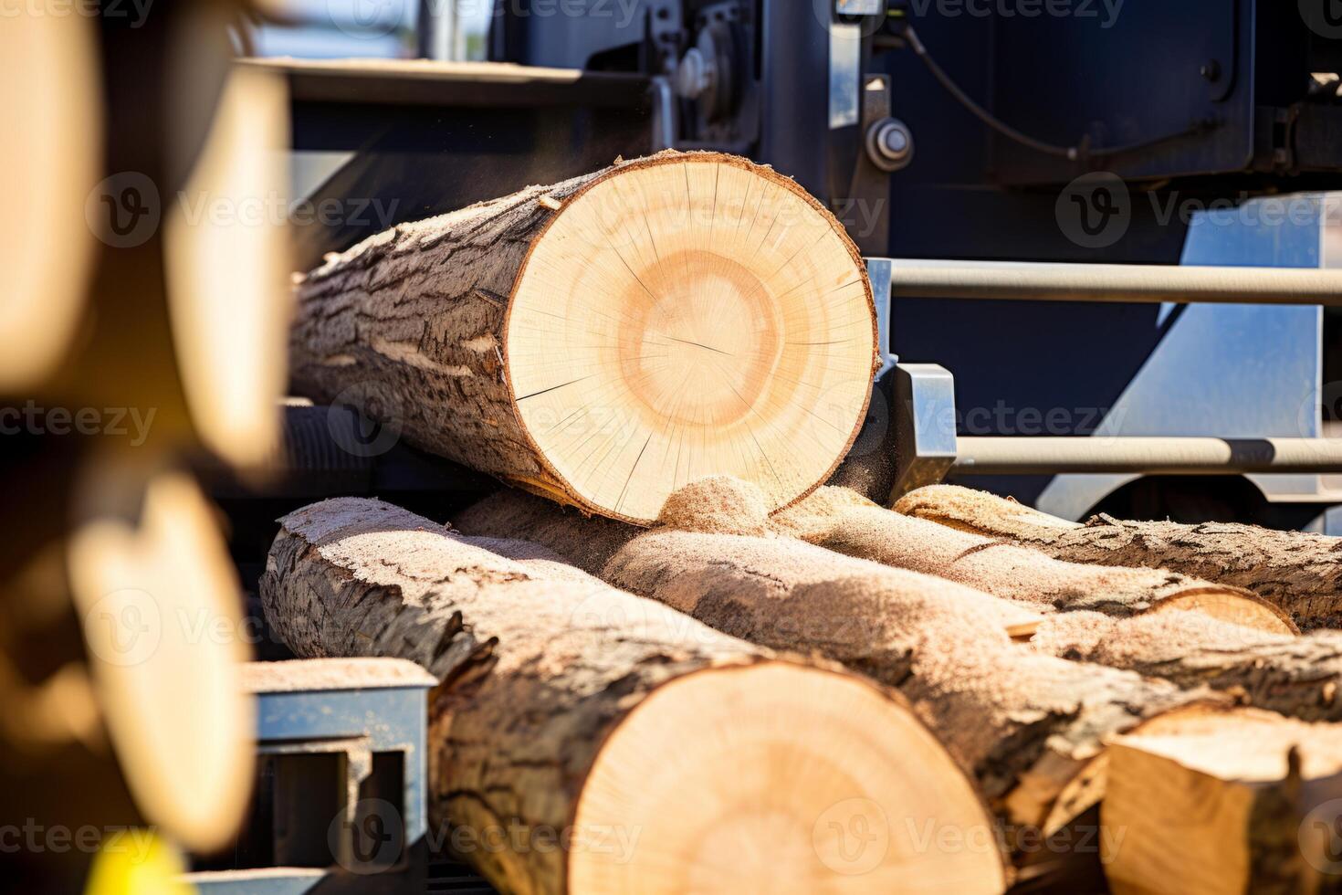 ai gegenereerd veel berk net verspreide brandhout groot stapel logboeken bomen Woud gehakt. vervoer boom romp hout industrie hout zagen machine snijdend loggen automatisch zagerij productie foto