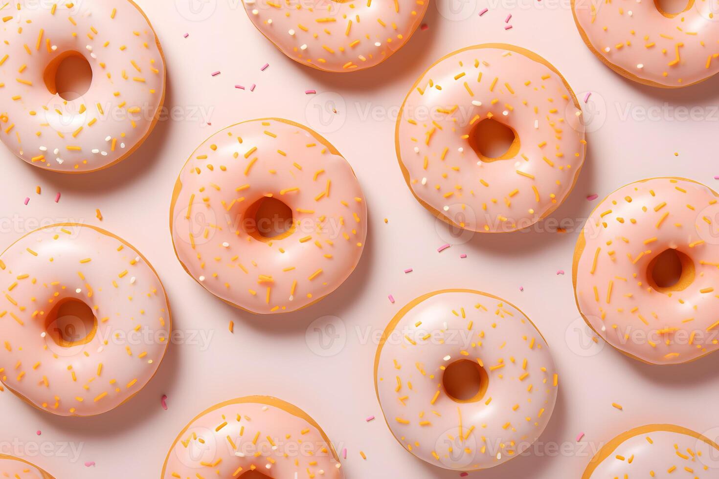 ai gegenereerd naadloos patroon van gestreept roze donuts Aan een perzikkleurig achtergrond. de minimaal concept van populair bakken. foto