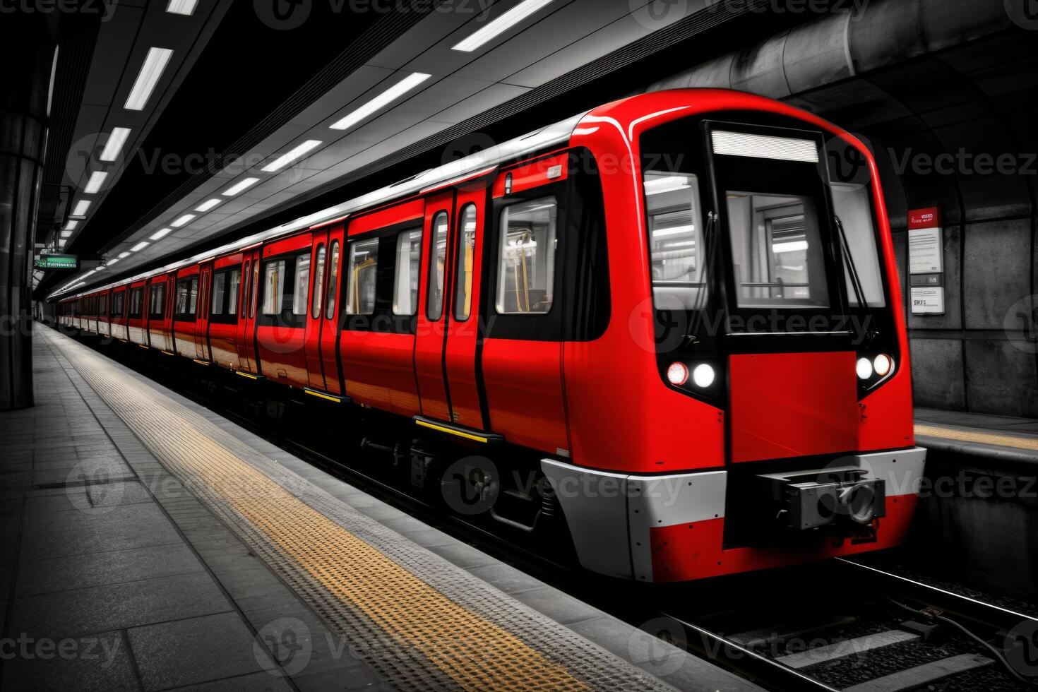 ai gegenereerd modern metro trein ondergronds vervoer openbaar doorvoer schoon metro station platform stad reizen toerisme spoorweg hoog snelheid futuristische in beweging buis passagier treinen uitdrukken terminal foto