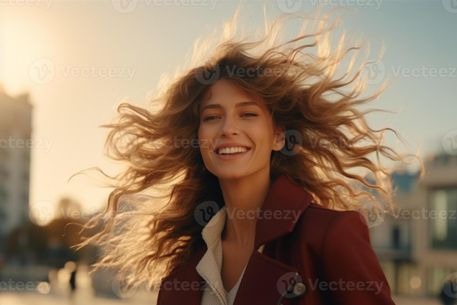 ai gegenereerd portret gelukkig glimlachen Kaukasisch jong aantrekkelijk elegant elegant vrouw zakenvrouw vrouw dame meisje wind blazen verward vlieg haar- buitenshuis stad straat bedrijf mensen persoon genieten foto