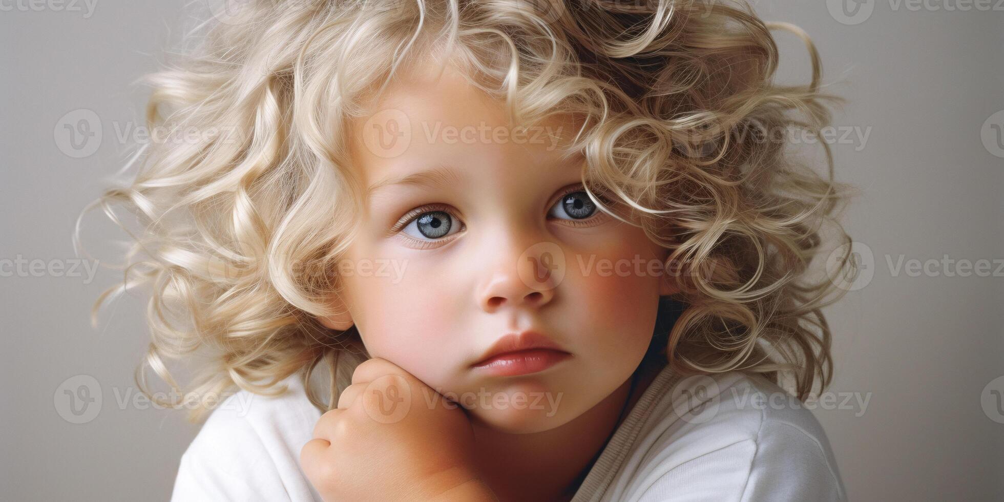 ai gegenereerd portret van nadenkend kind met gekruld blond haar- en blauw ogen, onschuldig en attent foto