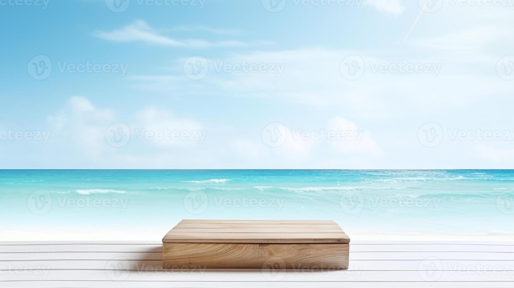 ai gegenereerd aan het strand houten podium voor Product Scherm, perfect voor presentatie van items in een tropisch instelling. foto