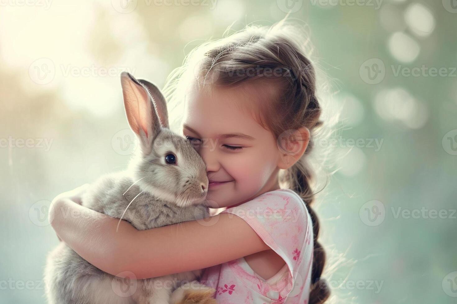 ai gegenereerd jong meisje kind knuffelen een schattig konijn bokeh stijl achtergrond met generatief ai foto