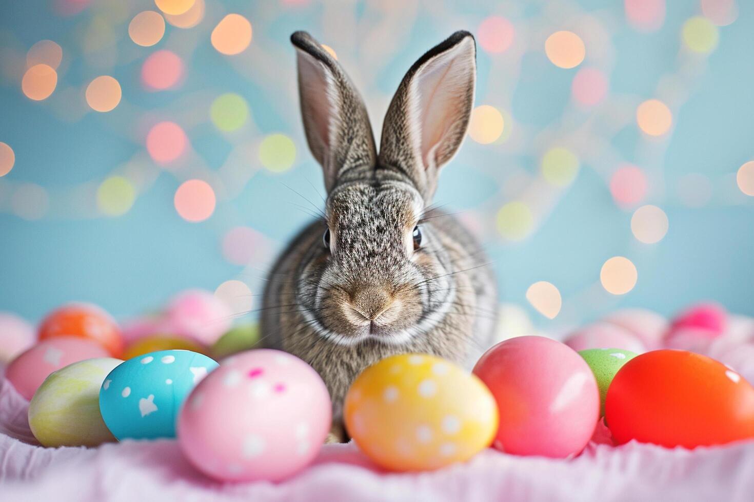 ai gegenereerd Pasen konijn met kleurrijk eieren pastel stijl bokeh stijl achtergrond met generatief ai foto