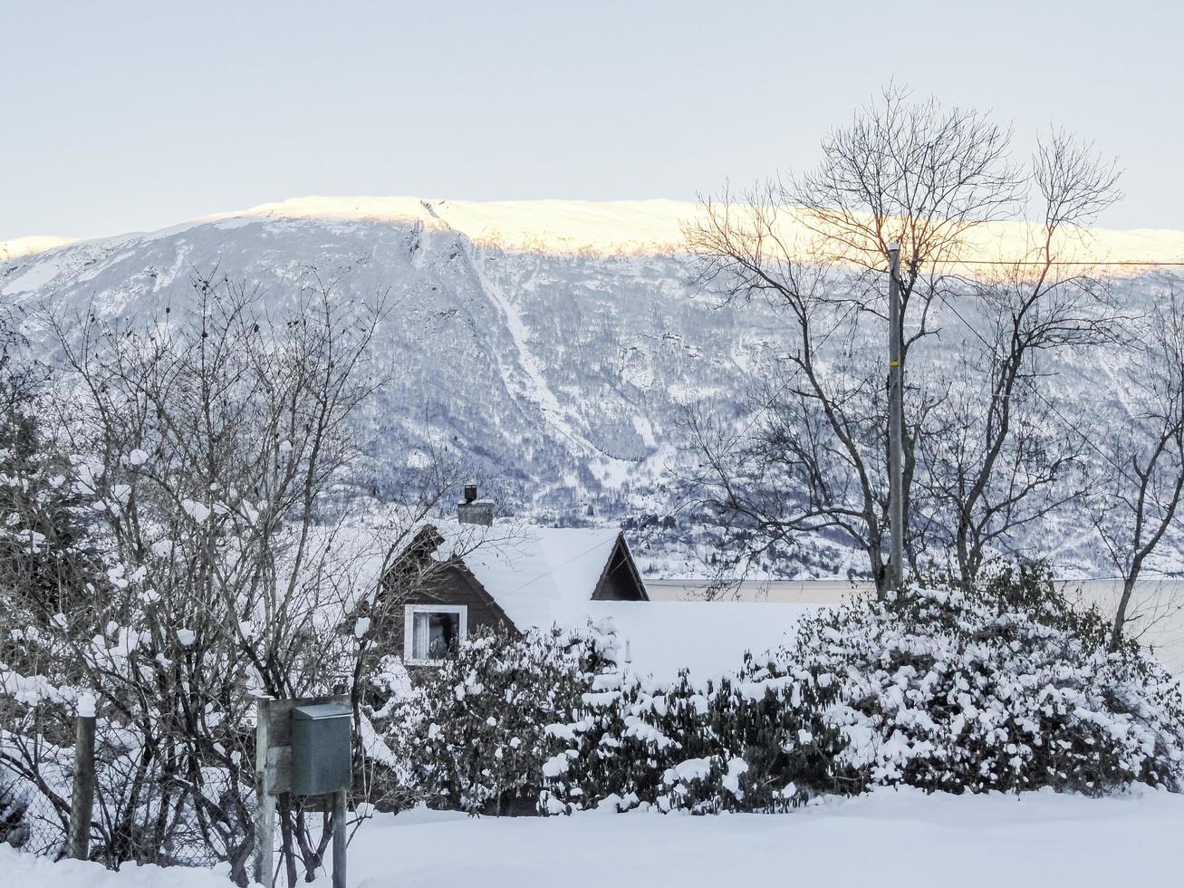 prachtig idyllisch uitzicht van dorp naar fjord in framfjorden noorwegen. foto
