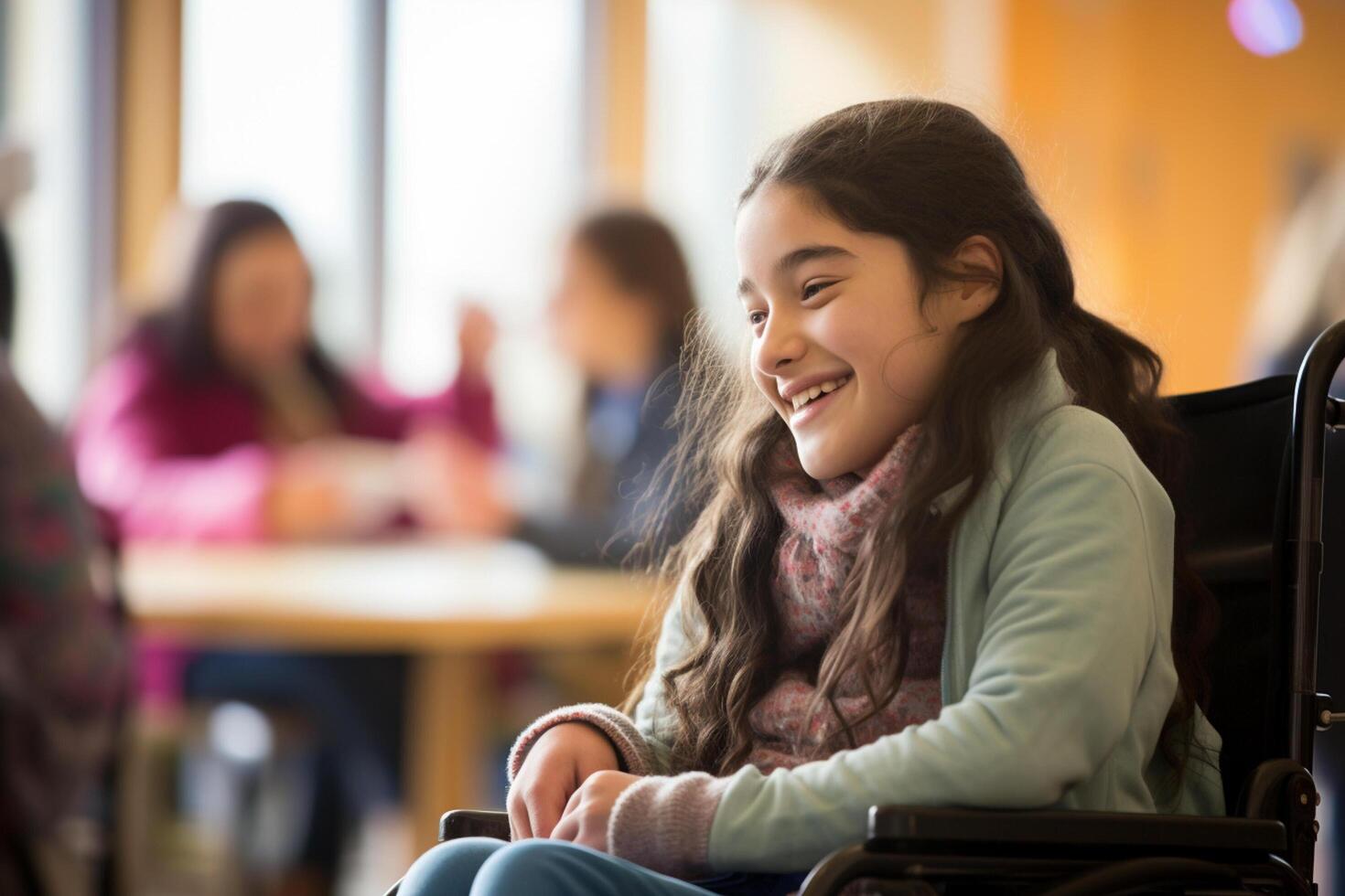 ai gegenereerd jong gehandicapt meisje zittend Aan rolstoel Bij school- glimlachen bokeh stijl achtergrond met generatief ai foto