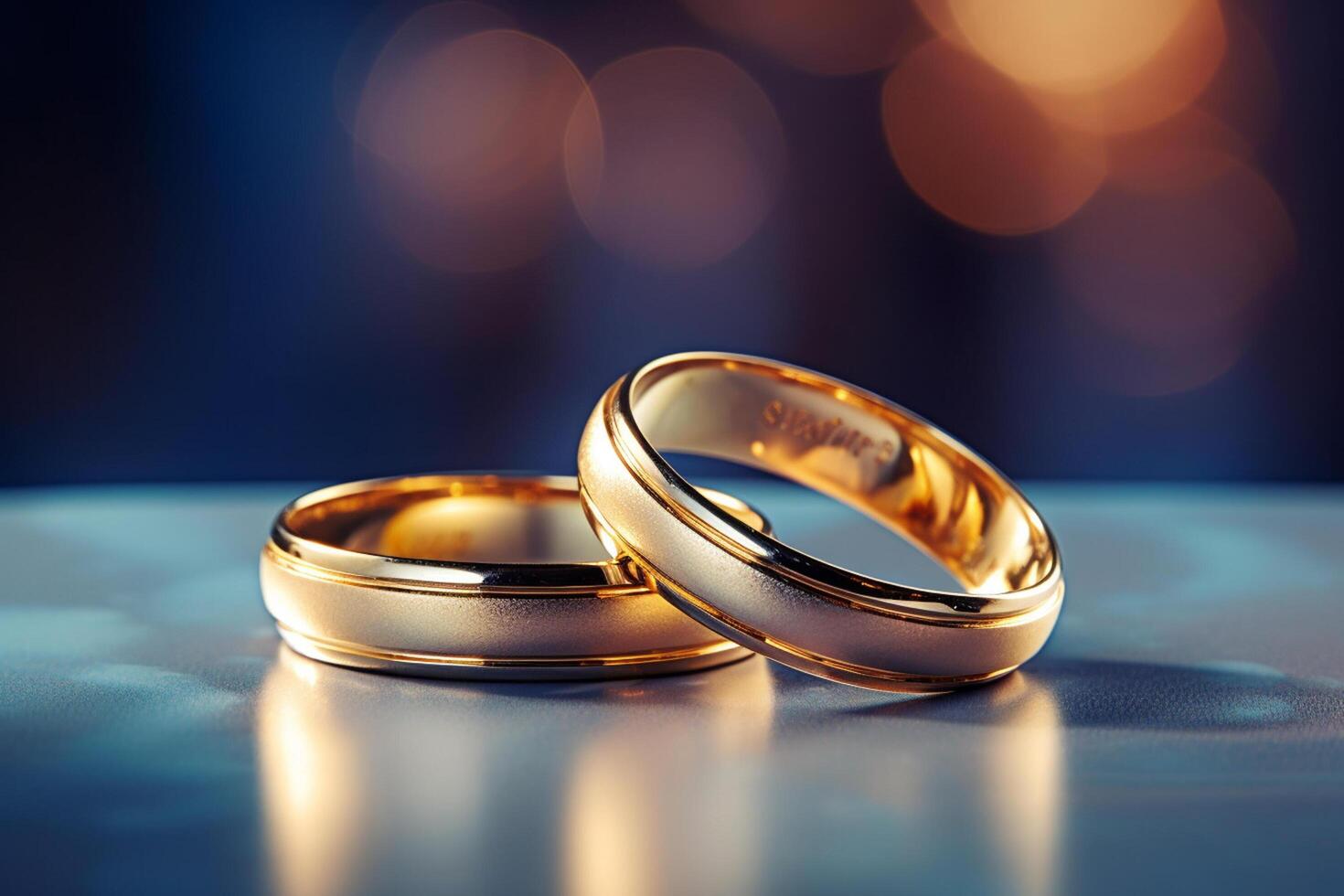 ai gegenereerd dichtbij omhoog van twee goud bruiloft ringen Aan blauw achtergrond bokeh stijl achtergrond met gegenereerd ai foto