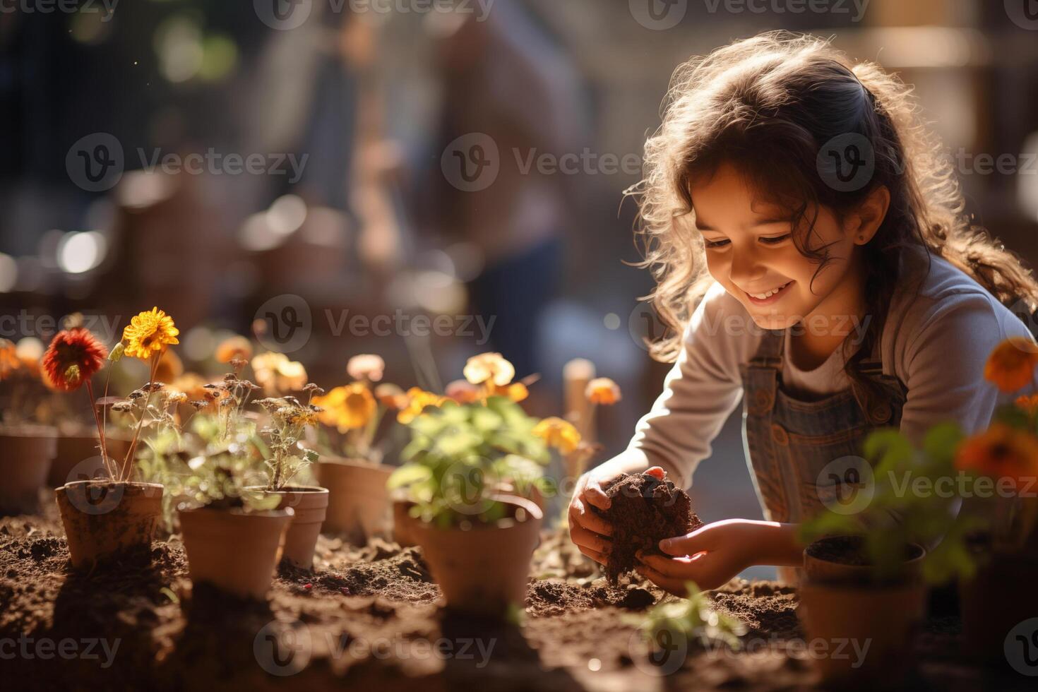 ai gegenereerd meisje aanplant bloem en jong baby planten in vruchtbaar bodem. wereld milieu dag, weekend werkzaamheid foto