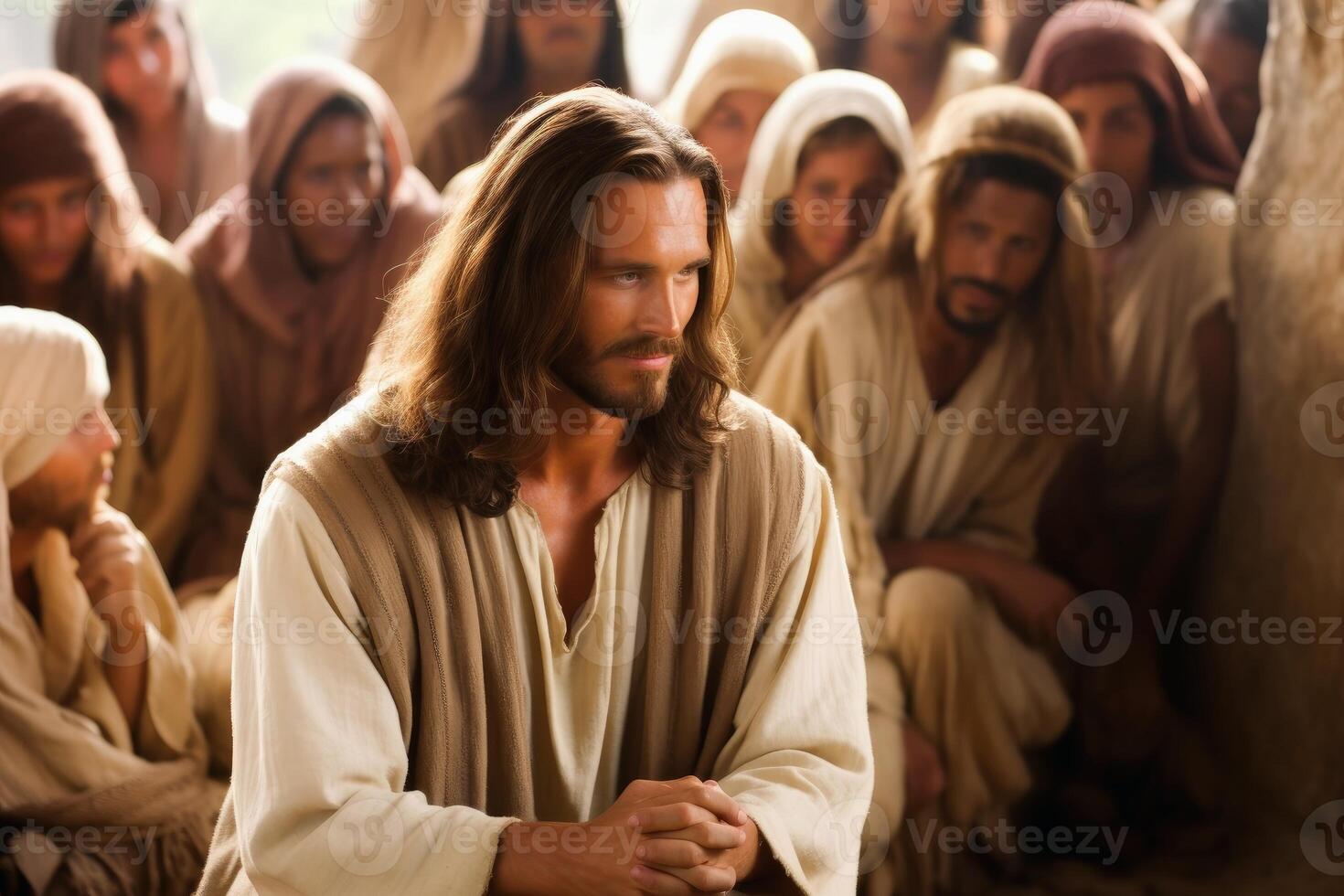 ai gegenereerd Jezus Christus bidden met mensen. ai gegenereerd foto