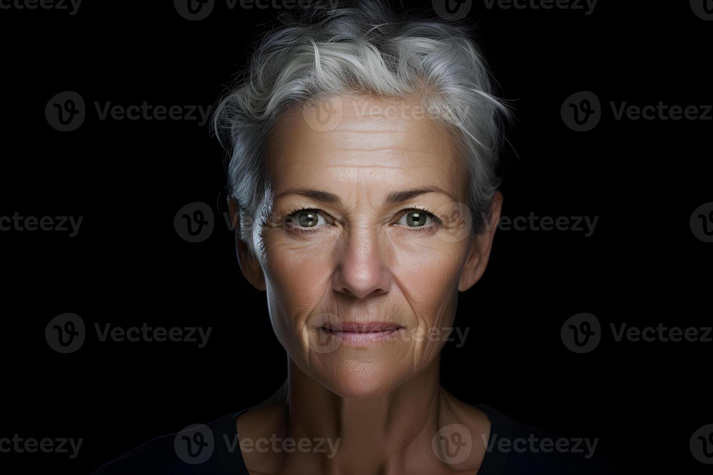 ai gegenereerd senior Kaukasisch vrouw portret Aan zwart achtergrond. neurale netwerk gegenereerd fotorealistisch beeld foto