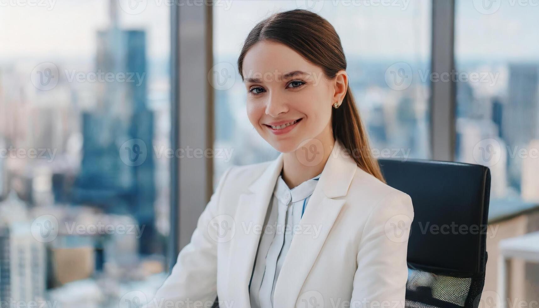 ai gegenereerd jong wit vrouw project manager in wolkenkrabber kantoor gebouw zittend in haar werkplaats foto