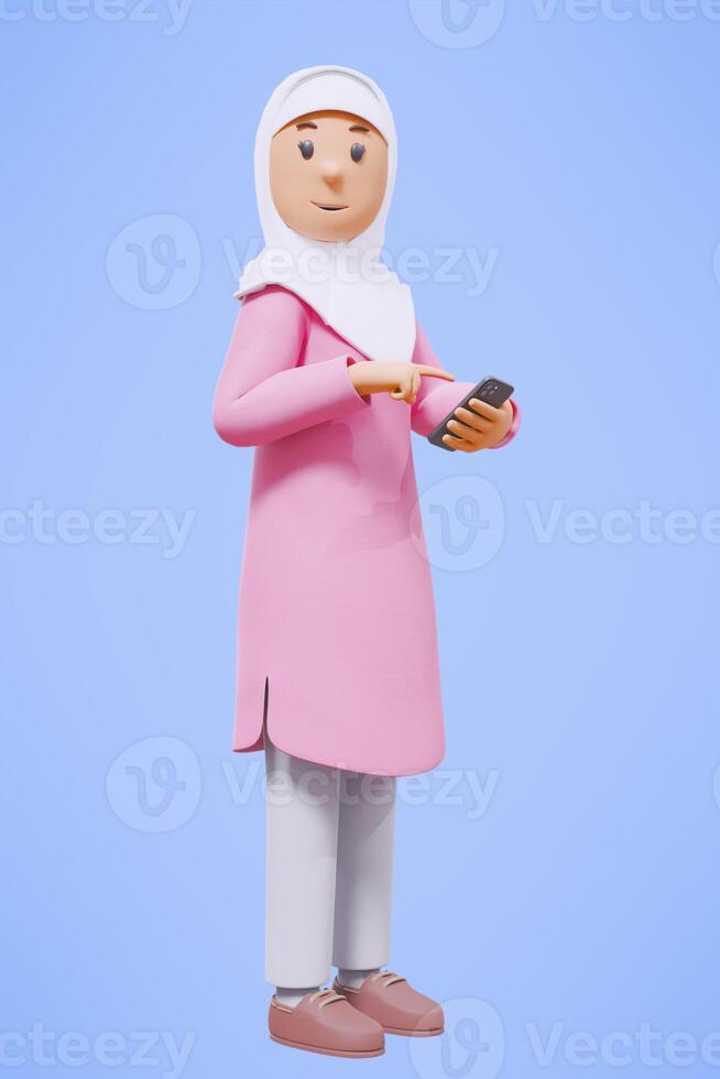 3d renderen volledige lichaam van vrouw moslim groet, groet, richten en Holding telefoon terwijl glimlachen foto